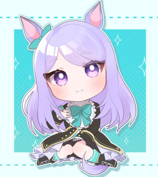 1girl absurdres animal_ears aqua_bow aqua_bowtie aqua_ribbon black_boots black_jacket black_skirt blue_socks blush boots bow bowtie chibi chibi_only closed_mouth coat ear_bow ear_ribbon frilled_coat frilled_jacket frills highres horse_ears horse_girl horse_tail jacket kurumiya_(krmy_p) long_hair long_sleeves looking_at_viewer mejiro_mcqueen_(frontline_elegance)_(umamusume) mejiro_mcqueen_(umamusume) purple_eyes purple_hair ribbon shirt skirt smile socks solo striped_clothes striped_shirt tail umamusume