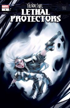 1girl absurdres belt comic_cover company_name copyright_logo copyright_name cover cover_page cowboy_shot english_text floating_hair gloves grey_belt grey_gloves grey_headband grey_jacket grey_pants grey_shirt gun handgun headband highres holding holding_gun holding_weapon jacket logo long_hair looking_to_the_side marvel miguel_mercado official_art pants realistic shiny_clothes shirt silver_sable sleeves_rolled_up solo spider-man_(series) weapon white_hair