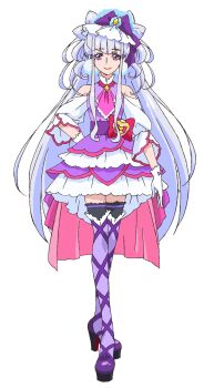 1girl bow closed_mouth cure_amour dress earrings full_body gloves hair_bow hand_on_own_hip highres hugtto!_precure jewelry long_hair looking_at_viewer magical_girl official_art pom_pom_(clothes) pom_pom_earrings precure purple_dress purple_eyes purple_hair purple_shoes purple_thighhighs ruru_amour second-party_source shoes simple_background smile solo standing tachi-e thighhighs very_long_hair white_background white_gloves
