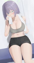 Rule 34 | 1girl, :o, absurdres, bare arms, bare legs, black shorts, blue archive, blush, breasts, cleavage, collarbone, commentary request, feet out of frame, grey sports bra, halo, highres, holding, holding towel, hopuritan., large breasts, looking at viewer, navel, purple hair, saki (blue archive), short hair, short shorts, shorts, sitting, solo, sports bra, sweat, thighhighs, towel, towel around neck, white towel