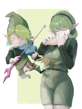 1boy 1girl belt bow_(music) closed_eyes fado_(wind_waker) green_belt green_hair green_hairband green_hat green_shorts green_sweater hairband hat highres holding holding_instrument instrument kokiri music nintendo ocarina otsubo_kiko playing_instrument pointy_ears ribbed_sweater saria_(zelda) short_hair shorts sweater the_legend_of_zelda the_legend_of_zelda:_ocarina_of_time the_legend_of_zelda:_the_wind_waker twitter_username violin