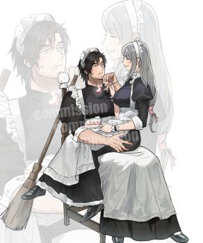 1boy 1girl apron beard_stubble black_dress black_hair black_shoes breasts broom cake chair chewing clive_rosfield closed_eyes couple crossdressing crossdressing_(mtf) dress facial_hair feeding final_fantasy final_fantasy_xvi food food_on_face fork full_body grey_hair hair_between_eyes hair_ribbon hetero highres holding holding_cake holding_food holding_fork holding_plate jill_warrick juliet_sleeves light_blush long_dress long_hair long_sleeves looking_at_another low-tied_long_hair maid maid_apron maid_headdress medium_breasts parted_lips pink_ribbon plate puffy_sleeves ribbon shoes short_hair sitting sitting_on_lap sitting_on_person smile stubble underbust wrist_ribbon ziguck