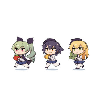3girls anchovy_(girls_und_panzer) anzio_school_uniform basil_leaf black_cape black_hair black_necktie blonde_hair blue_skirt braid brown_eyes cape carpaccio_(girls_und_panzer) cheese chibi chibi_only closed_mouth commentary drill_hair eating food girls_und_panzer green_eyes green_hair hat highres long_hair long_sleeves makyabetsu multiple_girls necktie pepperoni_(girls_und_panzer) pleated_skirt red_eyes ribbon school_uniform shirt short_hair side_braid simple_background skirt smile symbol-only_commentary thighhighs tomato twin_drills twintails white_background white_shirt white_thighhighs
