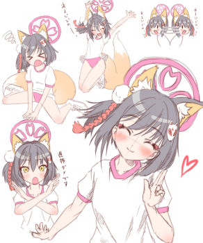>_< 1girl :3 :o ^_^ absurdres afterimage animal_ear_fluff animal_ears arm_up black_hair blue_archive blush blush_stickers buruma chibi chibi_inset closed_eyes closed_mouth commentary_request cropped_torso cross-laced_shoes eyeshadow facing_viewer fang fox_ears fox_girl fox_hair_ornament fox_tail full_body gym_shirt gym_uniform hair_between_eyes hair_ornament halo happy head_tilt heart highres izuna_(blue_archive) kneeling looking_at_viewer makeup medium_hair motion_lines multiple_views official_alternate_costume one_side_up open_mouth pink_buruma pink_halo pom_pom_(clothes) pom_pom_hair_ornament red_eyeshadow salute shirt shoes short_sleeves simple_background sitting sketch skin_fang smile sneakers squiggle tail tail_raised tomonx translation_request two-finger_salute upper_body wariza waving white_background white_shirt white_shoes x_arms yellow_eyes |_|