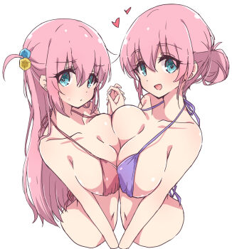 2girls :c aqua_eyes bare_arms bare_shoulders bikini blush bocchi_the_rock! breast_press breasts cleavage closed_mouth collarbone cropped_torso cube_hair_ornament folded_ponytail gotoh_hitori gotoh_michiyo hair_between_eyes hair_ornament heart highres holding_hands huge_breasts long_hair looking_at_viewer mature_female mel_(melty_pot) micro_bikini mother_and_daughter multiple_girls navel one_side_up open_mouth pink_bikini pink_hair purple_bikini simple_background smile stomach sweatdrop swimsuit symmetrical_docking white_background