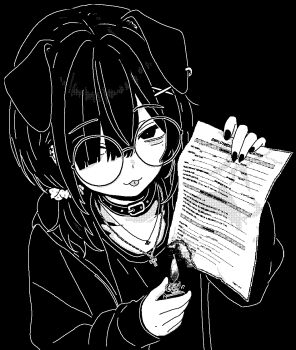 1girl animal_collar animal_ears burning burning_paper chain chain_necklace collar cross cross_necklace dog_ears hair_over_one_eye highres holding holding_lighter holding_paper hood hood_down hoodie jewelry job_application_form_(meme) lighter looking_at_viewer meme mole mole_under_eye monochrome necklace original paper puriririririri round_eyewear sleeves_past_wrists solo tongue tongue_out