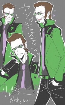 1boy ? batman_(series) black_pants dc_comics edward_nigma fingerless_gloves glasses gloves green_jacket jacket male_focus multiple_views necktie pants sideburns the_riddler young_justice young_justice:_invasion