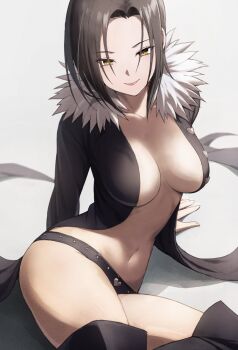 1girl belt black_belt black_hair black_jacket breasts closed_mouth commentary_request fagi_(kakikaki) fur-trimmed_jacket fur_trim highres jacket large_breasts lips lipstick long_sleeves looking_at_viewer makeup merlin_(nanatsu_no_taizai) mole mole_under_eye nanatsu_no_taizai navel open_clothes open_jacket partial_commentary pink_lips revealing_clothes shadow short_hair simple_background sitting smile solo stomach white_background yellow_eyes