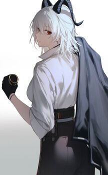 1girl absurdres ass black_gloves black_horns black_jacket black_pants can closed_mouth commentary cowboy_shot curled_horns drink_can earrings gloves gradient_background high-waist_pants highres holding holding_can horns jacket jacket_over_shoulder jewelry key_earrings long_hair looking_at_viewer looking_back pants red_eyes s0gno shirt shirt_tucked_in solo unworn_jacket white_shirt wuthering_waves zani_(wuthering_waves)