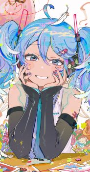 1girl :d ahoge bare_shoulders black_sleeves blue_eyes blue_hair blue_necktie blush collared_shirt commentary detached_sleeves feathers grin hair_between_eyes hassan_(sink916) hatsune_miku head_tilt headphones highres leaning_on_table long_hair long_sleeves looking_at_viewer necktie number_tattoo open_mouth shirt sidelocks simple_background sleeveless sleeveless_shirt smile solo straight-on tattoo teeth twintails upper_body vocaloid white_background white_shirt white_wings wings