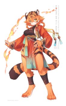1girl absurdres animal_ears animal_nose artist_logo barefoot braid digitigrade fewer_digits fire full_body furry furry_female green_eyes hair_rings hand_on_own_hip highres jacket kawarage_yatano leg_wrap logo looking_at_viewer medium_hair multicolored_hair open_clothes open_jacket orange_hair original pelvic_curtain pyrokinesis red_jacket sash simple_background solo standing tail thigh_strap tiger_ears tiger_girl tiger_tail twin_braids twitter_username two-tone_hair watermark white_background