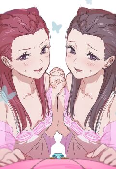 1boy 2girls ace_attorney brown_hair bug butterfly commentary_request dahlia_hawthorne dress furrowed_brow highres holding_hands insect iris_(ace_attorney) long_hair looking_at_viewer multiple_girls nervous_smile nyak_il open_mouth out_of_frame phoenix_wright phoenix_wright:_ace_attorney_-_trials_and_tribulations phoenix_wright_(nostalgic_sweater) pov purple_eyes red_hair siblings simple_background sisters smile standing sweatdrop twins white_background white_dress