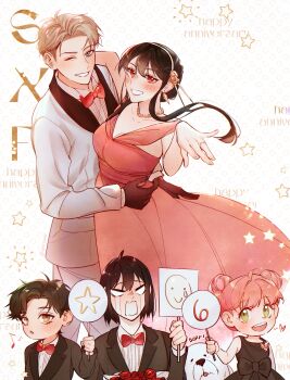 Rule 34 | anya (spy x family), black hair, blonde hair, blue eyes, blush, bond (spy x family), breasts, couple, damian desmond, dress, earrings, gold earrings, gold hairband, hairband, hetero, highres, husband and wife, ideksams, jewelry, large breasts, long hair, long sleeves, open mouth, red eyes, shirt, short hair, sidelocks, smile, spy x family, teeth, twilight (spy x family), yor briar, yuri briar