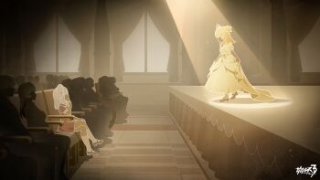blonde_hair chinese_commentary commentary_request crowd dress game_cg grey_hair highres honkai_(series) honkai_impact_3rd long_hair mary_janes official_art puffy_short_sleeves puffy_sleeves red_dress shoes short_sleeves socks songque spotlight stage thelema_nutriscu tiara white_dress white_socks