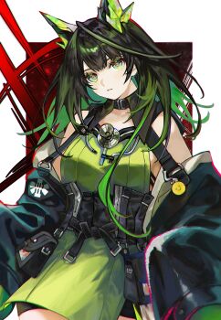 1girl absurdres ahoge animal_ears arknights arknights_yuu12 bare_shoulders belt belt_collar belt_pouch black_belt black_collar black_corset black_hair black_jacket black_shorts blunt_bangs border breasts collar commentary_request corset cowboy_shot detached_collar dress fake_animal_ears gradient_hair green_dress green_eyes green_hair head_tilt highres huge_ahoge jacket light_blush long_hair looking_at_viewer medium_breasts mon3tr_(arknights) multicolored_hair off_shoulder outside_border parted_lips pouch red_background short_dress shorts shorts_under_dress side_slit sidelocks sleeveless sleeveless_dress sleeves_past_fingers sleeves_past_wrists solo stethoscope white_border