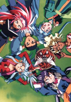 1990s_(style) 1boy 5girls aqua_hair arms_behind_head basket black_choker black_eyes black_hair blonde_hair book carrot choker closed_eyes dark-skinned_female dark_skin facial_mark forehead_mark grabbing_another's_hair green_eyes green_hair hakubi_washuu holding holding_another's_hair holding_book kuramitsu_mihoshi long_hair lying masaki_aeka_jurai masaki_sasami_jurai masaki_tenchi multiple_girls non-web_source official_art on_back open_book open_mouth pink_eyes pink_hair pointing pointing_at_viewer ponytail purple_hair reading red_eyes retro_artstyle ryou-ouki ryouko_(tenchi_muyou!) tenchi_muyou! twintails very_long_hair yellow_eyes