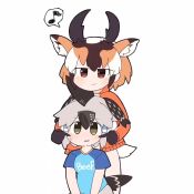 2girls animal_ears animated behind_another bird_tail brown_hair cheek_poking clothes_writing commentary gloves greater_roadrunner_(kemono_friends) grey_hair horizontal_pupils horns jacket kemono_friends kemono_friends_2 long_sleeves multicolored_hair multiple_girls musical_note poking pronghorn_(kemono_friends) shirt short_sleeves smile spoken_musical_note t-shirt tail taro_(tontaro) video white_hair yellow_eyes