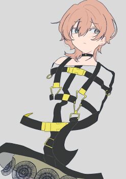 1girl absurdres belt belt_buckle black_belt black_choker buckle choker closed_mouth colored_eyelashes dress green_eyes grey_background hair_between_eyes highres kusunoki_muu looking_to_the_side milgram no_lineart pink_hair restraints short_hair single_bare_shoulder solo straitjacket