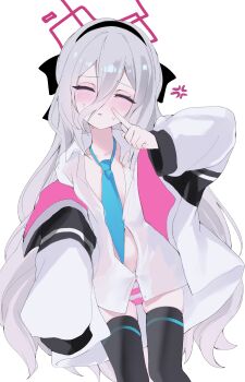 1girl absurdres blue_archive blue_necktie blush bow chedisu closed_eyes collared_shirt facing_viewer hair_between_eyes hairband halo highres jacket kei_(blue_archive) kei_(new_body)_(blue_archive) loli long_hair long_hair_between_eyes long_sleeves multicolored_jacket necktie panties pink_halo rectangular_halo shirt sleeves_past_fingers sleeves_past_wrists solo striped_clothes striped_panties thighhighs two-tone_jacket underwear very_long_hair white_hair white_jacket white_shirt