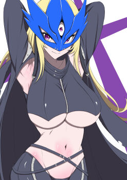 1girl 2y_training_id absurdres armpits arms_up beelstarmon belt black_belt black_coat black_pants black_vest blonde_hair blue_mask breasts closed_mouth coat commentary cowboy_shot cropped_vest digimon digimon_(creature) eye_mask highres large_breasts leather leather_pants long_hair looking_at_viewer mask navel open_clothes open_coat pants presenting_armpit purple_eyes sidelocks skindentation solo standing stomach third_eye tight_clothes tight_pants underboob vest