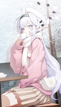 1girl absurdres alternate_costume bag beret black_hairband blue_archive blush brown_skirt commentary_request flower food food_in_mouth grey_eyes hair_flower hair_ornament hairband halo handbag hat highres himari_(blue_archive) holding holding_food long_hair multicolored_halo pink_sweater plate pleated_skirt scarf sitting skirt snow_on_tree solo sweatdrop sweater table thighs two-tone_halo white_hair white_scarf winter_clothes zanya_000