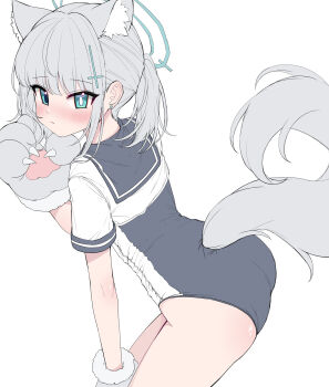 1girl animal_ears animal_hands ass black_one-piece_swimsuit black_sailor_collar blue_archive blue_eyes commentary cross_hair_ornament extra_ears flat_color from_behind gloves grey_eyes hair_ornament highres leaning_forward looking_at_viewer medium_hair metaljelly mismatched_pupils one-piece_swimsuit paw_gloves sailor_collar sailor_shirt shiroko_(blue_archive) shirt short_sleeves simple_background solo swimsuit swimsuit_under_clothes tail white_background wolf_ears wolf_tail