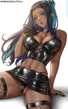 1girl alternate_costume artist_name baileymcpatty black_collar black_gloves black_hair black_nails black_panties black_skirt black_vest blue_eyes blue_eyeshadow breasts collar dark-skinned_female dark_skin earclip earrings eyelashes eyeshadow fishnet_thighhighs fishnets gloves hand_up highres hoop_earrings jewelry large_breasts leaning_back long_hair makeup miniskirt mixed-language_commentary multicolored_hair nail_polish navel nessa_(pokemon) nintendo panties pokemon pokemon_sword_and_shield sidelocks single_glove sitting skirt solo thighhighs two-tone_hair underwear vest white_background