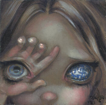 1girl blonde_hair blue_eyes close-up commentary english_commentary eye_focus eyelashes highres jasmine_becket-griffith makeup middle_part original painting_(medium) round_nose runny_makeup solo surreal traditional_media