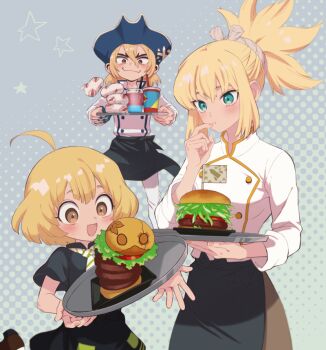 1boy 2girls ahoge apron black_apron blonde_hair blue_eyes blush brother_and_sister brown_eyes burger buttons chef child closed_mouth cup double-breasted dr._stone dress eating family food green_eyes hat holding holding_tray kohaku_(dr._stone) long_hair long_sleeves medium_hair mother_and_daughter multiple_girls nanami_ryuusui ninomae_gin open_mouth plate ponytail shirt short_hair siblings smile suika_(dr.stone) tray waist_apron