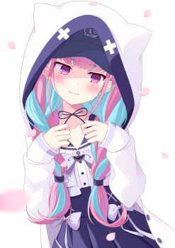 Rule 34 | 1girl, absurdres, animal hood, averting eyes, blue bow, blue bowtie, blue choker, blue hair, blue sailor collar, blue skirt, blunt bangs, blurry, blurry foreground, blush, bow, bowtie, braid, cat hood, choker, cowboy shot, depth of field, embarrassed, facing viewer, falling petals, fanged bangs, frilled sailor collar, frills, high-waist skirt, highres, hololive, hood, hood up, hooded jacket, jacket, long hair, long sleeves, minato aqua, minato aqua (sailor), multicolored hair, official alternate costume, official alternate hairstyle, open clothes, open jacket, petals, pleated skirt, purple eyes, purple hair, ribbon choker, sailor collar, sailor shirt, shirt, skirt, solo, ssaaggwwaa, twin braids, twintails, two-tone hair, virtual youtuber, wavy mouth, white jacket, white shirt