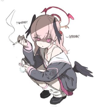 Rule 34 | 1girl, bamyamsj, blue archive, cigarette, commentary request, halo, head wings, holding, holding cigarette, koharu (blue archive), korean commentary, korean text, leg warmers, loafers, looking at viewer, low wings, pink eyes, pink hair, sailor collar, school uniform, serafuku, shaded face, shoes, simple background, sketch, smoke, solo, squatting, translation request, uneven eyes, white background, white sailor collar, wings