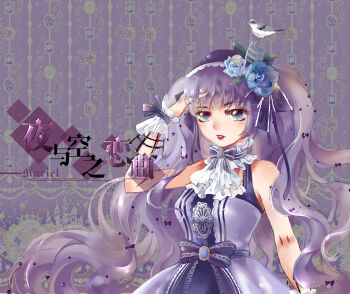 1girl absurdres animal animal_on_head aqua_eyes artist_name ascot bare_shoulders bird bird_on_head birdcage bow bowtie brooch cage castle character_name chinese_commentary commentary_request cowboy_shot dress expressionless eyelashes frilled_bow frilled_wrist_cuffs frills hair_bow hair_ornament hand_in_own_hair hand_on_own_head headscarf highres jewelry lace lace-trimmed_bowtie lace-trimmed_dress lace-trimmed_headwear lace_trim leaf_hair_ornament light_blush lipstick lolita_fashion long_hair makeup miracle_nikki muriel_miaoke nikki_(series) on_head parted_lips purple_background purple_bow purple_bowtie purple_dress purple_hair purple_headscarf purple_wrist_cuffs red_lips sleeveless sleeveless_dress solo song_of_night_sky_(miracle_nikki) standing teeth two_side_up variant_set very_long_hair waist_bow wavy_hair white_ascot wrist_bow wrist_cuffs