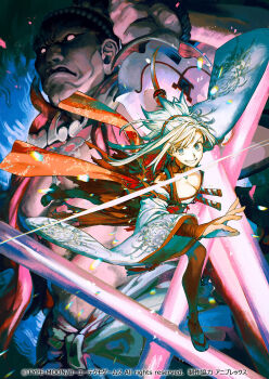 1boy 1girl blue_eyes breasts buddha cleavage copyright_notice earrings fate/samurai_remnant fate_(series) full_body hair_ornament highres holding holding_sword holding_weapon japanese_clothes jewelry katana kimono large_breasts long_hair looking_at_viewer miyamoto_musashi_(fate) miyamoto_musashi_(woman_of_niten_ichiryuu)_(fate) official_art open_mouth ponytail promotional_art second-party_source smile sword wataru_rei weapon white_hair white_kimono wide-eyed