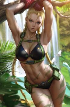 Rule 34 | 1girl, alternate costume, arms up, artist request, belt, bikini, black bikini, blonde hair, braid, breasts, cammy white, day, gloves, jungle, large breasts, leaf, nature, navel, pocket, scar, scar on face, street fighter, swimsuit, tree, udon entertainment, water