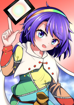 1girl absurdres belt blue_eyes blush breasts brown_belt cape card cloak cloud_print dress ecarl extra_digits eyelashes gradient_background hairband happy highres multicolored_dress multicolored_hairband open_mouth patchwork_clothes pointing pointing_up purple_hair rainbow_gradient red_background red_button short_hair sky_print small_breasts teeth tenkyuu_chimata textless_version touhou two-sided_cape two-sided_fabric upper_teeth_only white_cape white_cloak yellow_bag zipper
