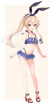 1girl absurdres alternate_costume anchor_hair_ornament bikini bikini_skirt black_hairband blonde_hair blue_bikini blue_scrunchie flat_chest frilled_bikini frills grey_eyes hair_between_eyes hair_ornament hair_scrunchie hairband high_heel_sandals highres kantai_collection long_hair navel ponytail sandals scrunchie shimakaze_(kancolle) solo swimsuit toketa-sekai very_long_hair