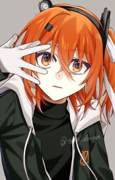 1girl a.i._voice adachi_rei alternate_costume artist_name black_jacket black_shirt commentary_request drawstring gloves hand_up highres hood hood_down hooded_jacket jacket looking_at_viewer medium_hair open_clothes open_jacket orange_eyes orange_hair shirt solo tere_douga twitter_username upper_body utau white_gloves