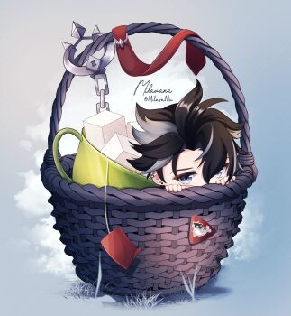 1boy black_hair commentary cup genshin_impact grey_background grey_eyes hair_between_eyes highres looking_at_viewer male_focus milavana peeking_out signature solo sugar_cube symbol-only_commentary teacup twitter_username wicker_basket wriothesley_(genshin_impact)
