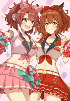 2girls :d ahoge alternate_costume animal_ears aston_machan_(umamusume) belt blush bow breasts brown_eyes brown_hair checkered_ribbon cheerleader cleavage closed_mouth collarbone colored_tips commentary_request cosplay cowboy_shot cropped_shirt dantsu_flame_(umamusume) ear_covers ear_ornament ear_ribbon genkai_made_pom_pon!! green_eyes hair_between_eyes hair_bow hair_ornament highres hokutoro64 holding holding_pom_poms horse_ears horse_girl horse_tail initial large_breasts looking_at_viewer medium_hair midriff miniskirt multicolored_hair multiple_girls navel open_mouth pink_background pink_bow pink_shirt pink_skirt pom_pom_(cheerleading) pom_poms ponytail red_bow red_skirt sakura_bakushin_o_(red-hot_leader)_(umamusume) sakura_bakushin_o_(umamusume) sakura_bakushin_o_(umamusume)_(cosplay) shirt short_sleeves skirt sleeveless sleeveless_shirt smile star_(symbol) tail tied_shirt umamusume white_belt white_hair white_shirt