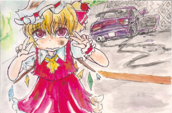 accident ascot blonde_hair bruise bruise_on_face car car_crash crash crying crystal double_v flandre_scarlet frilled_skirt frills hat hat_ribbon hurt injury mob_cap motor_vehicle puffy_short_sleeves puffy_sleeves red_eyes red_ribbon red_vest ribbon shirt short_hair short_sleeves skirt skirt_set smoke sodbre_(takaya) tears touhou v vest white_hat white_shirt wings wrist_cuffs yellow_ascot