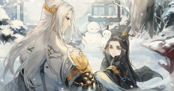 2boys absurdres age_difference black_eyes black_hair black_hanfu black_robe bush child chinese_clothes closed_mouth curtained_hair day eye_contact fuzi grey_eyes hair_ornament hanfu highres long_hair long_sleeves looking_at_another male_focus multiple_boys mushroom outdoors parted_bangs parted_lips pointing profile robe shoulder_guard smile snow snowman tree upper_body white_hanfu white_robe wide_sleeves wing_hair_ornament xiao_guan_(headdress) yi_meng_jianghu zukiyn