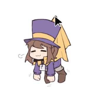 1girl :3 =_= a_hat_in_time boots brown_boots brown_hair cape chibi chibi_only cursor fujimna grey_background hat hat_kid lifted_by_cursor long_sleeves lowres ponytail purple_hat short_hair short_ponytail simple_background solo yellow_cape