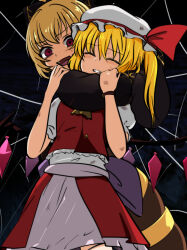 arthropod_girl catfight choke_hold defeat fang flandre_scarlet hair_ornament hat insect_girl kurodani_yamame mob_cap monadmandara ryona skin_fang spider_girl strangling touhou vampire web
