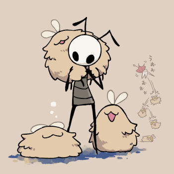 1boy 1girl :3 antennae arthropod_boy arthropod_girl brown_background cloak commentary_request flea_(hollow_knight) fluffy fuifui helmet hollow_eyes hollow_knight hollow_knight:_silksong hornet_(hollow_knight) needle_(hollow_knight) open_mouth red_cloak seth_(hollow_knight) simple_background smile translation_request white_mask