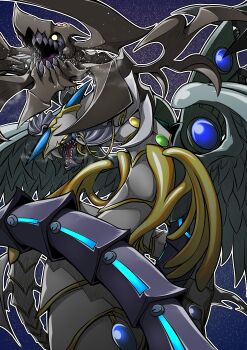 absurdres android artist_request cyberdark_dragon dragon duel_monster fusion glowing glowing_eyes highres horns machine mechanical_wings rainbow_dragon sharp_teeth teeth wings yu-gi-oh!