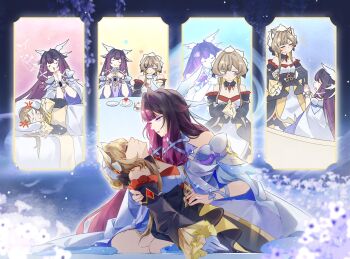 Rule 34 | 2girls, anger vein, animal ears, automaton (object), bare shoulders, bed, bed sheet, black collar, black hair, black sleeves, blanket, blood, blue eyes, blush, bow, breasts, brown hair, cake, cat ears, cheek poking, clapping, closed eyes, closed mouth, collar, columbina (genshin impact), crossed arms, crying, crying with eyes open, cup, detached collar, detached sleeves, dress, drinking, eye mask, flower, food, gem, genshin impact, ghost, gloves, hair ornament, hands on own hips, head on pillow, head wings, headdress, highres, holding, holding cup, long hair, long sleeves, lying, mask, multicolored hair, multiple girls, multiple wings, music, musical note, on bed, on side, one eye closed, open mouth, petals, pillow, plate, poking, purple eyes, purple hair, purple streaks, red gem, ribbon, sandrone (genshin impact), see-through clothes, see-through mask, short hair with long locks, singing, sitting, smile, tears, two-tone hair, under covers, very long hair, viviwi, white dress, white gloves, white headdress, white mask, white wings, winding key, wing hair ornament, wings, wrist bow, x-shaped eyewear