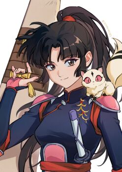 11rukawa187 1girl armor black_bodysuit bodysuit boomerang brown_eyes brown_hair cat closed_mouth eyeliner highres holding_boomerang inuyasha kirara_(inuyasha) long_hair looking_at_viewer makeup pink_eyeliner ponytail sango_(inuyasha) shoulder_armor smile sword twitter_username upper_body weapon white_background
