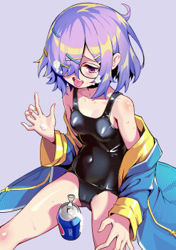 1girl absurdres blue_coat cameltoe can coat collarbone commentary_request covered_navel dohna_dohna_issho_ni_warui_koto_o_shiyou foam glasses grey_background hair_over_one_eye highres kobayashi_sana multiple_hair_clips one-piece_swimsuit pepsi pink_eyes purple_hair qianqiu_wanxia sexually_suggestive short_hair sitting solo swimsuit thighs tongue tongue_out