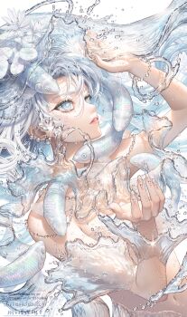 arms_up artist_name bracelet bright_pupils commentary_request fish flower grey_eyes highres jewelry leaf long_hair minami_(minami373916) navel original parted_lips shadow sparkle splashing upper_body water white_flower white_hair white_pupils