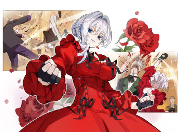 1girl 3boys black_gloves blue_eyes braid breasts cleavage clenched_hands commentary_request dress fingerless_gloves flower gloves hair_between_eyes large_breasts looking_at_viewer multiple_boys nyoro_(nyoronyoro000) punching red_dress red_flower red_rose rose saigo_ni_hitotsu_dake_onegai_shite_mo_yoroshii_deshou_ka scarlet_el_vandimion short_hair smile white_hair